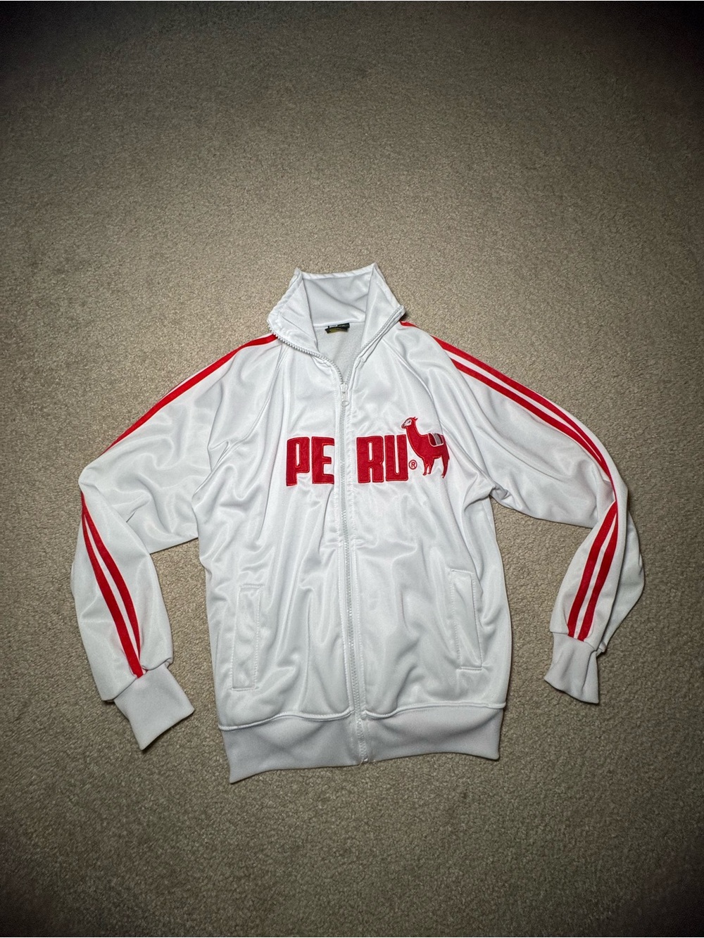 Women's White Track Jacket with Red 'PERU' Embroidery